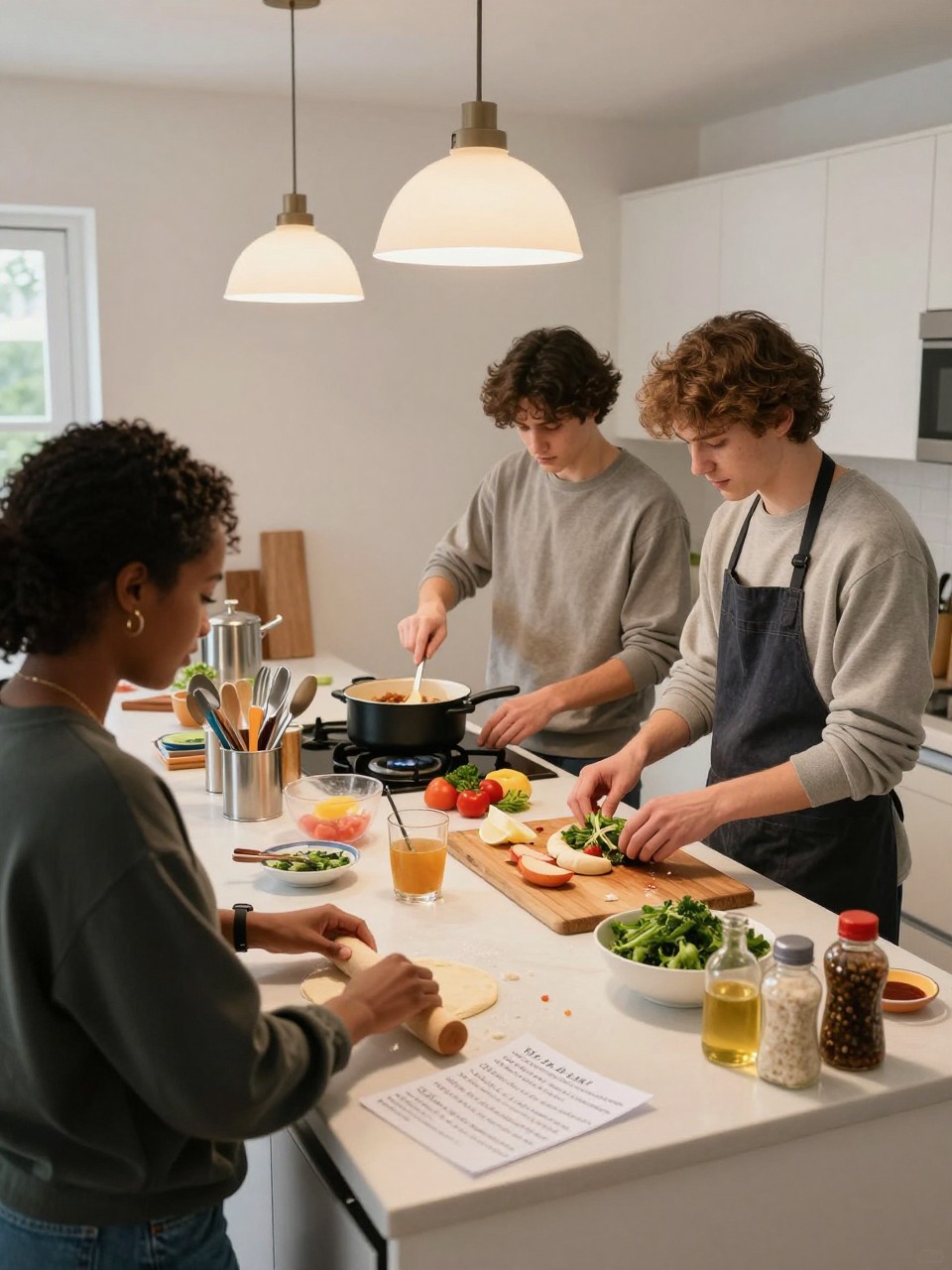 Image Prompt: A compact student apartment kitchen with three roommates preparing dishes connected to their families or hometowns, one Black woman rolling dough beside a handwritten-style recipe card turned away from the camera, another student stirring a pot while the third arranges ingredients, casual sweatshirts and aprons, limited counter space, mismatched utensils and natural kitchen clutter, warm pendant lighting, realistic food preparation and candid interaction, editorial DSLR photography, no readable recipes, no text.
