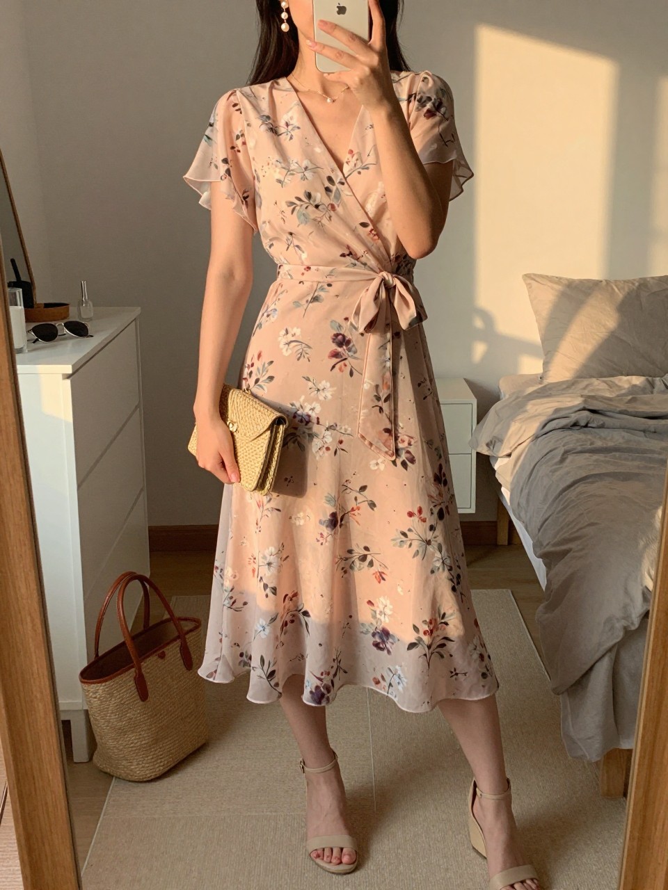Image prompt
mirror selfie of a woman wearing a soft floral chiffon wrap midi dress with a tied waist, nude wedge sandals, pearl drop earrings, and a small woven clutch, holding a phone in front of a mirror, cropped at NECK so face doesn't show, with a natural casual selfie pose, in a feminine-themed bedroom, evening golden hour, including small lived-in details like a tote bag on the floor, sunglasses on a dresser, or soft bedding in the background, latest iPhone photo quality.