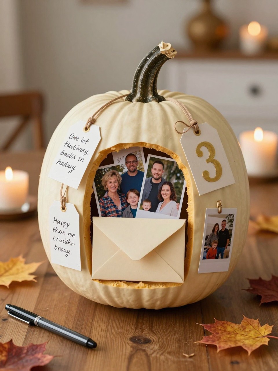 Image Prompt: A realistic DSLR photo of a medium cream fake pumpkin decorated as a family memory capsule, with handwritten tags, tiny printed photos, ribbon, gold date numbers, small envelopes tucked into a cut opening, displayed on a cozy dining table with pens, fall leaves, and warm candlelight, sentimental autumn family decor photography.