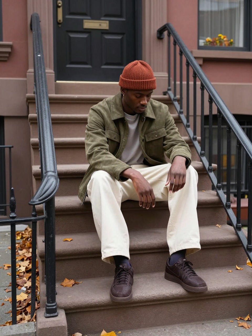 Image Prompt: A polished DSLR street portrait of a young Black man sitting on the lower steps of a red-brown city brownstone during fall. He wears an olive suede jacket, wide-leg cream trousers, dark brown sneakers, and a rust knit cap. Fallen leaves collect along one side of the staircase, while the opposite side remains mostly clear. He sits slightly off-center with one forearm resting on his knee, looking down the street. The metal railing creates strong leading lines toward him. Soft morning light, natural dark skin tone, realistic stone texture, subtle neighborhood background, relaxed editorial menswear photography.