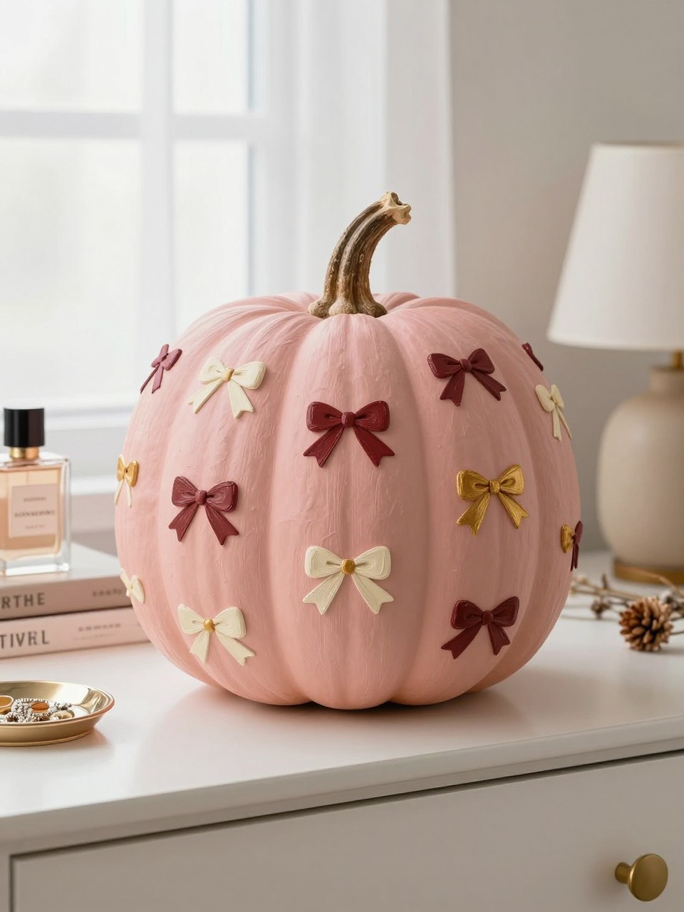 Horizontal 16:9 casual iPhone photograph of a real pumpkin painted matte dusty blush pink and decorated with scattered tiny hand-painted bows in warm cream, burgundy, and muted gold, bows slightly varied in size and direction, natural brown stem, displayed on a bedroom dresser beside perfume bottles, neutral books, a ceramic lamp, dried flowers, and a jewelry dish, soft morning window light, realistic handmade brush texture, cute polished fall decor, no studio lighting, no text.