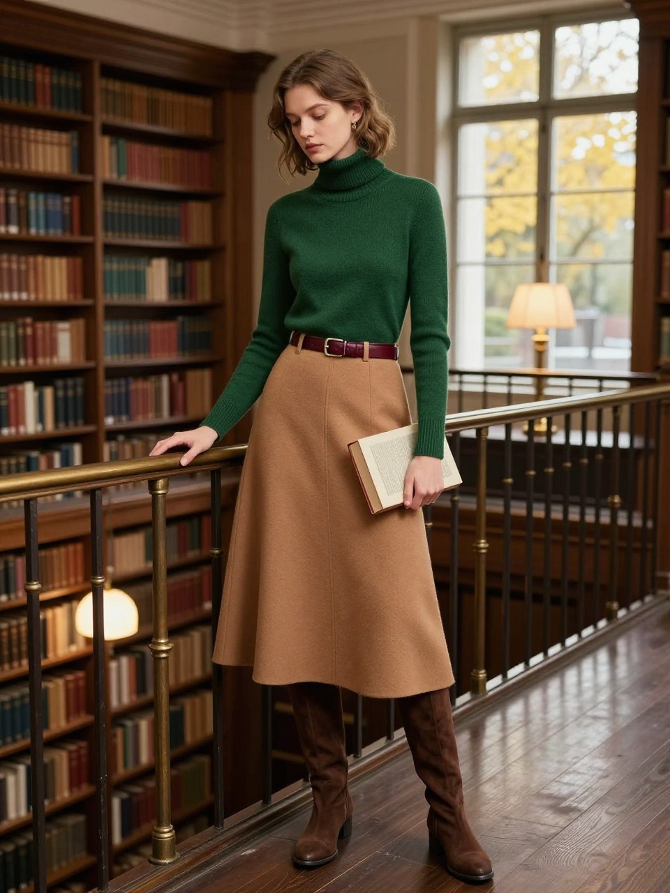 Image Prompt: A realistic indoor fashion photograph of a young white woman standing on a dark wooden mezzanine inside a historic library. She wears a fitted forest green turtleneck, a long camel skirt, knee-high brown boots, and a slim burgundy belt. One hand rests lightly on the brass railing while the other holds a closed book against her waist. She looks down toward the reading room below, shown from a three-quarter side angle. Tall bookshelves, brass lamps, warm wood, and high windows revealing yellow trees create depth. Natural pale skin texture, realistic book size, visible wool and leather details, soft window light mixed with warm interior lighting, thoughtful editorial composition.