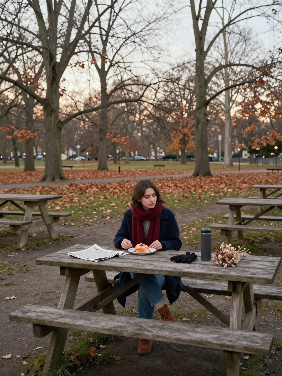Image Prompt: A realistic late-afternoon DSLR photograph of a young woman sitting alone at the end of a long wooden picnic table in a quiet public park during late fall. The table holds a folded newspaper, half-finished pastry, thermos, gloves, and a small bunch of dried flowers. She wears a navy wool coat, a soft red scarf, straight jeans, and brown boots. Most trees are bare, with a thin layer of copper leaves across the grass. Frame the scene from farther away with empty benches and open space around her. Pale golden light, cool air, muted seasonal colors, calm editorial storytelling.