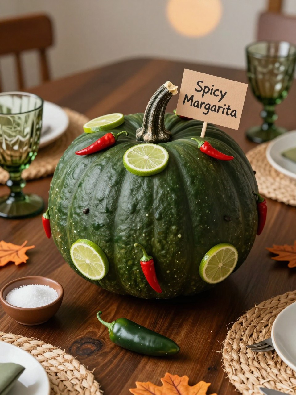 Image Prompt: A realistic DSLR photo of a matte green pumpkin decorated with tiny painted jalapeños, red chili accents, lime slices, and a small paper sign that says “Spicy Margarita,” styled on a dark wood table with a salt dish, green glassware, woven placemats, and warm evening light, trendy cocktail-themed fall decor.
