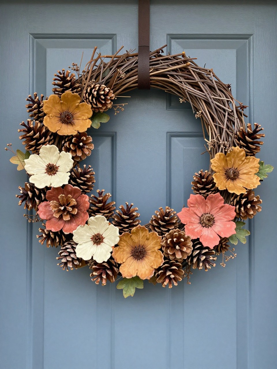 Image prompt: A realistic DIY fall wreath hanging on a muted blue front door, made from a natural grapevine base covered along the lower half with pinecones cut and painted to resemble flowers in dusty mustard, terracotta, cream, muted coral, and warm brown, mixed with small green leaves and dried seed stems, no bow, realistic pinecone scales and hand-painted edges, slight color variation, gentle cloudy daylight, welcoming farmhouse porch, DSLR close-up photography, no people, vertical frame.