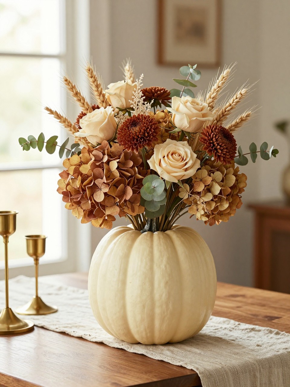 Image Prompt: A realistic DSLR photo of a cream fake pumpkin turned into a flower vase, with the top neatly cut open and filled with dried hydrangeas, rust mums, cream roses, eucalyptus, and soft wheat stems, styled on a wooden entryway table with brass candle holders, a linen runner, and warm natural window light, elegant fall home decor photography.