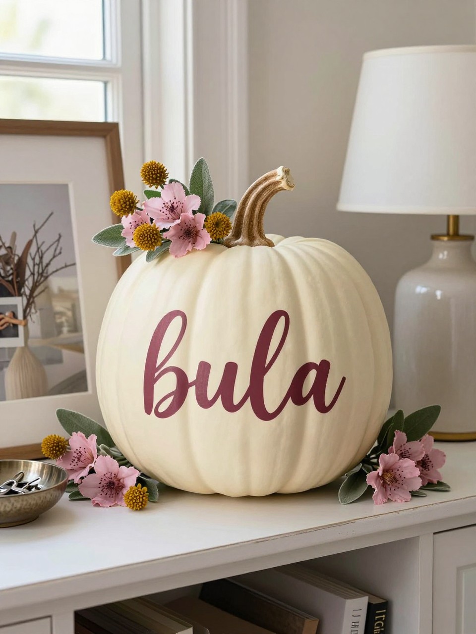 Horizontal 16:9 realistic iPhone photograph of a large matte cream faux pumpkin with a short hand-painted first name in muted burgundy lettering across the front, surrounded by small dusty-pink flowers, mustard buds, and sage leaves, displayed on an entryway console beside framed photos, a ceramic lamp, a key bowl, and dried branches, soft afternoon window light, believable hand lettering, no extra random words.