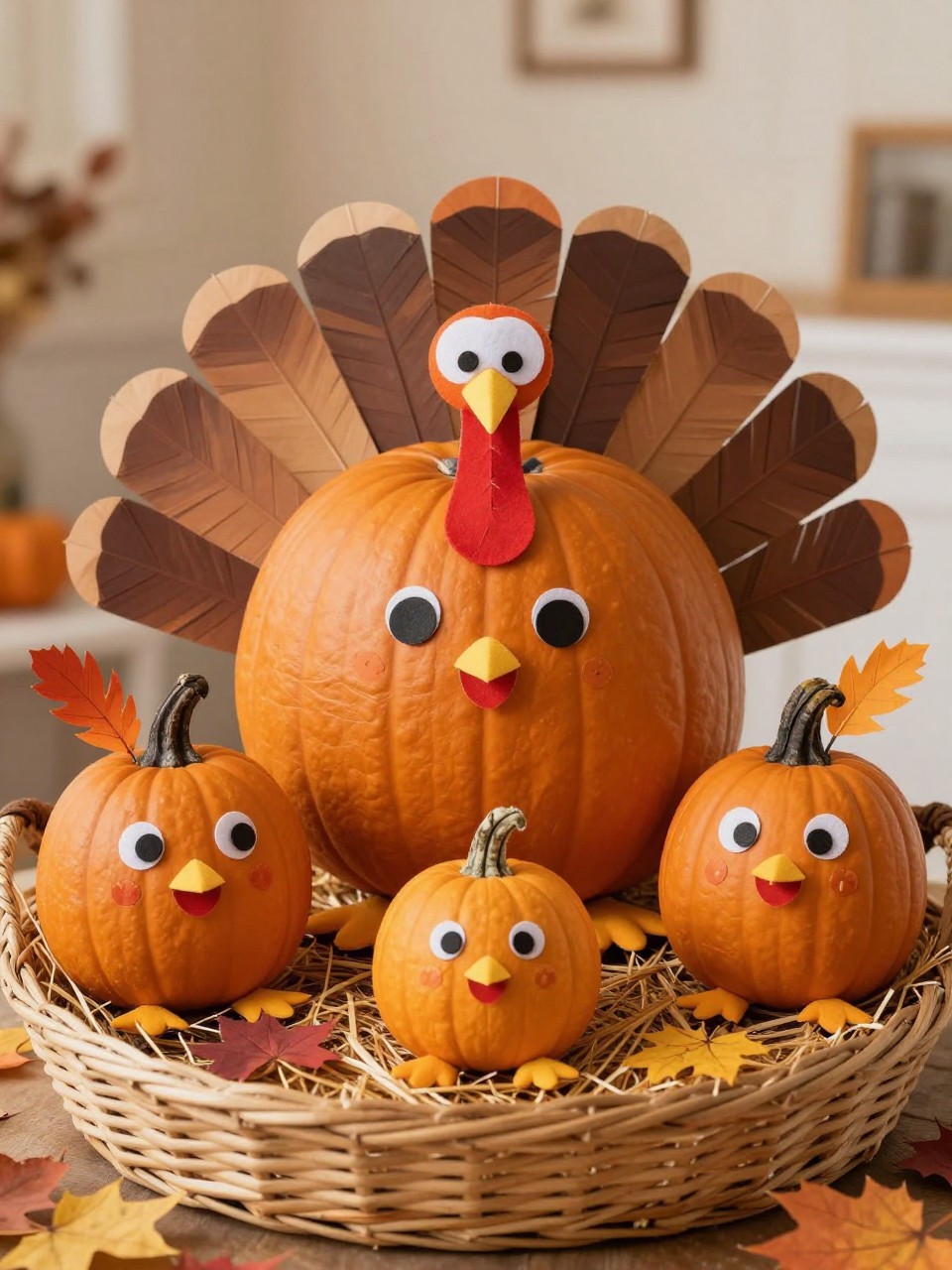 Image Prompt: A realistic DSLR photo of a Thanksgiving turkey pumpkin family, with one large parent turkey pumpkin and three mini baby turkey pumpkins, each decorated with paper feathers, felt beaks, red wattles, tiny feet, and different facial expressions, arranged in a basket with straw, fall leaves, and warm indoor light, cute family craft display.