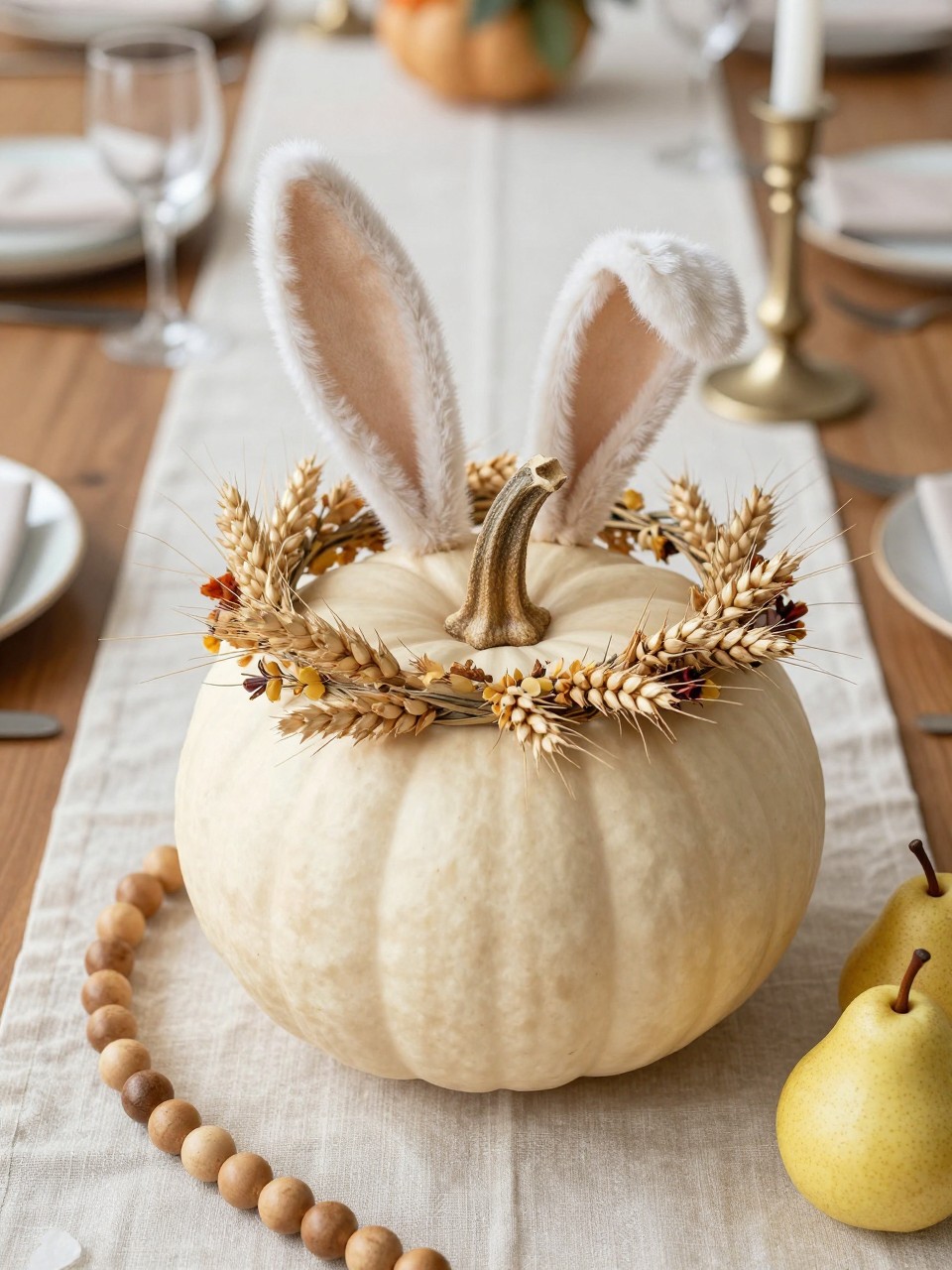 Image Prompt: A realistic DSLR photo of a cream pumpkin decorated with a crown of dried wheat, bunny tails, and a few tiny dried flowers around the stem, displayed on a neutral linen runner with wooden beads, candlesticks, and mini pears, soft daylight, graceful Thanksgiving table decor photography.