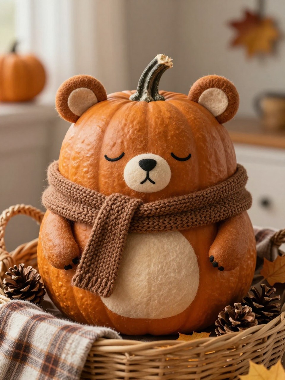 Image Prompt: A realistic DSLR photo of a warm brown pumpkin decorated as a sleepy bear, with round felt ears, closed painted eyes, tiny oval nose, small cream belly patch, wrapped in a miniature knitted scarf, placed in a cozy basket with plaid blanket, pinecones, and warm indoor autumn light, soft handmade fall decor style.
