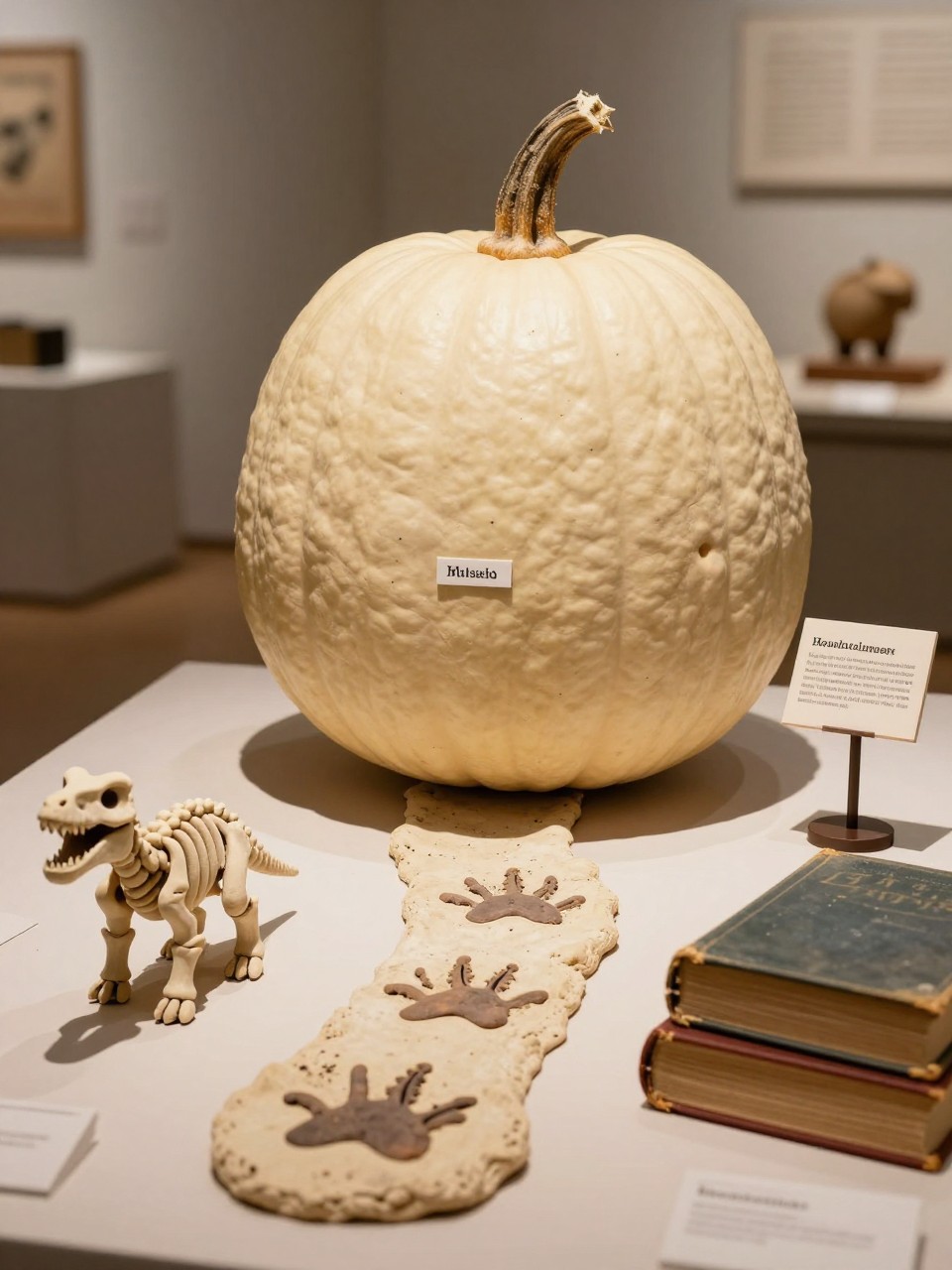 Image Prompt: A realistic DSLR photo of a cream pumpkin styled like a small dinosaur museum exhibit, with tiny fossil labels, a painted dinosaur footprint trail, miniature display sign, faux bones made from air-dry clay, wood base, old books, and warm gallery-style lighting, classy educational fall craft display.