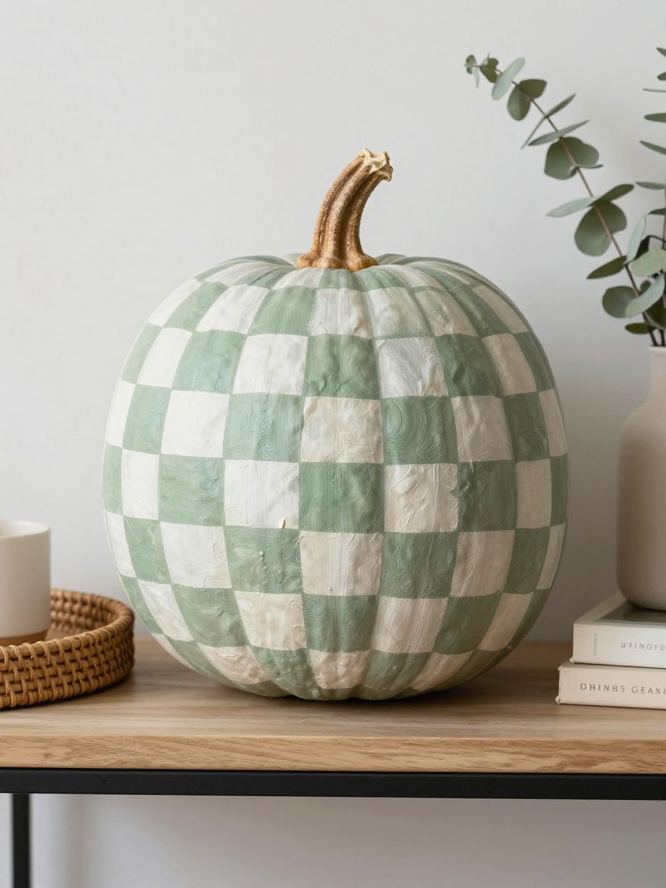 Horizontal 16:9 natural iPhone photograph of a real pumpkin painted matte sage green with a hand-painted warm-white checkerboard pattern, slightly uneven squares following the natural ridges, natural brown stem, displayed on an entryway console beside a woven tray, neutral books, a small lamp, and dried eucalyptus, soft cloudy daylight, realistic handmade paint texture, calm aesthetic home decor, no text.