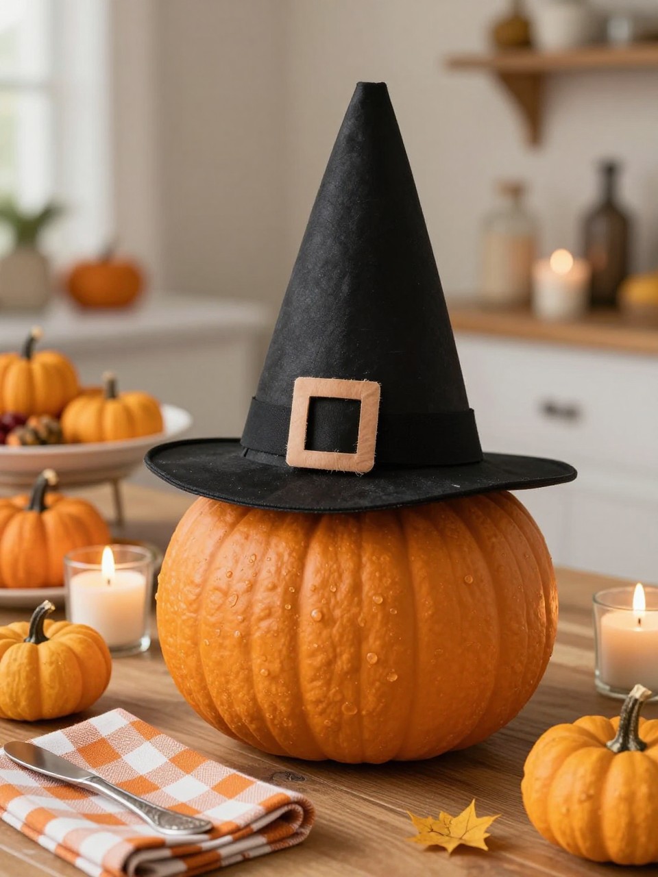 Image Prompt: A realistic DSLR photo of a small pumpkin topped with a handmade black pilgrim hat, with a simple buckle detail, displayed on a Thanksgiving buffet with mini pumpkins, candles, a checked napkin, and warm indoor light, playful but tasteful holiday decor photography.