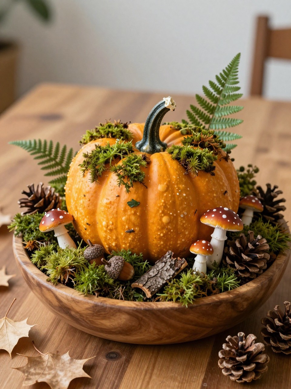 Image Prompt: A realistic DSLR photo of fake pumpkins covered with preserved moss, tiny faux mushrooms, acorns, bark pieces, and small fern details, arranged in a wooden bowl with pinecones and dried leaves, soft natural light, cozy woodland fall table centerpiece, realistic texture and handmade details.