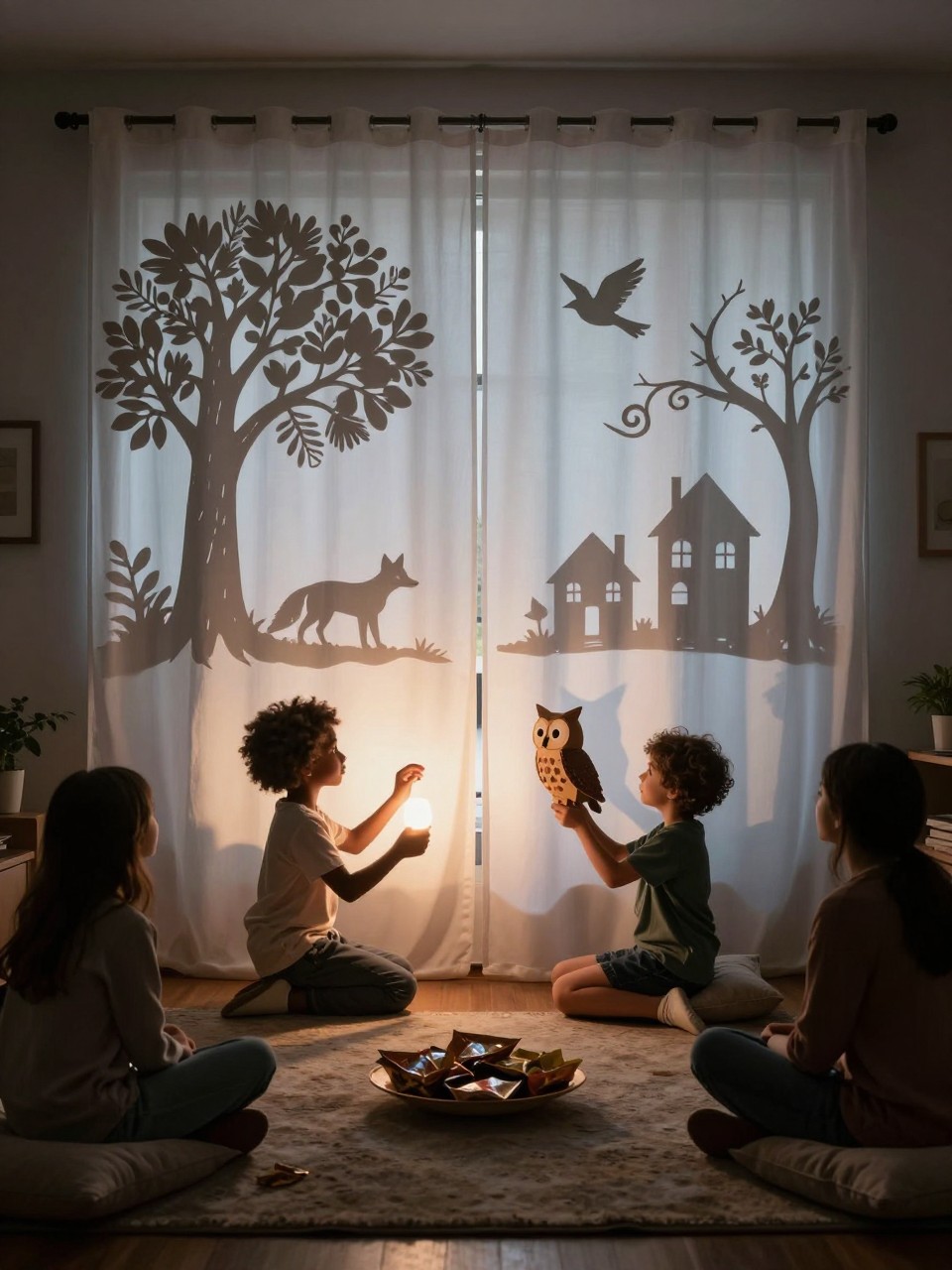 Image Prompt: A darkened living room with a large white curtain hanging in front of a wide window, handmade paper silhouettes of trees, foxes, birds, houses, and swirling leaves projected onto the fabric by a warm portable lamp, two children and two adults performing a shadow story behind the curtain, one Black child holding a cardboard owl puppet, floor cushions and snacks arranged for the audience, deep evening shadows, theatrical editorial DSLR photography, no text.