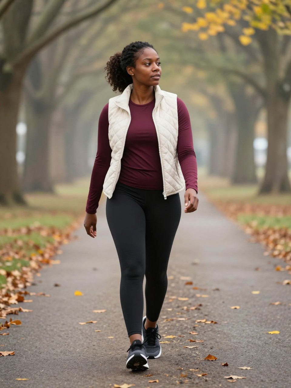 Image Prompt: A realistic outdoor DSLR photograph of a Black woman with rich dark skin taking a brisk fall walk along a peaceful tree-lined path, wearing black leggings, supportive sneakers, a fitted burgundy long-sleeve top, and lightweight cream quilted vest, natural curls tied into a low puff, copper and yellow leaves scattered across the path, cool morning mist and gentle sunlight filtering through trees, confident but relaxed walking posture, realistic athletic body proportions and clothing textures, editorial wellness photography, 70mm lens, no logos, no text.