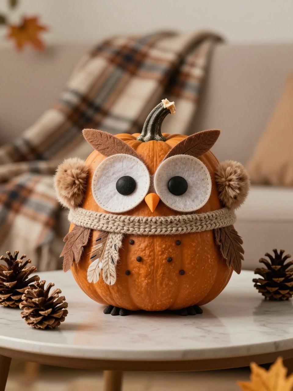 Image Prompt: A realistic DSLR photo of a small brown pumpkin decorated as a cute cozy owl, with felt eyes, paper feathers, tiny knitted scarf around the base, earmuff-style pom-poms near the stem, small orange beak, and a plaid blanket backdrop, styled on a coffee table with pinecones and warm indoor fall light, adorable cozy autumn pumpkin decor.