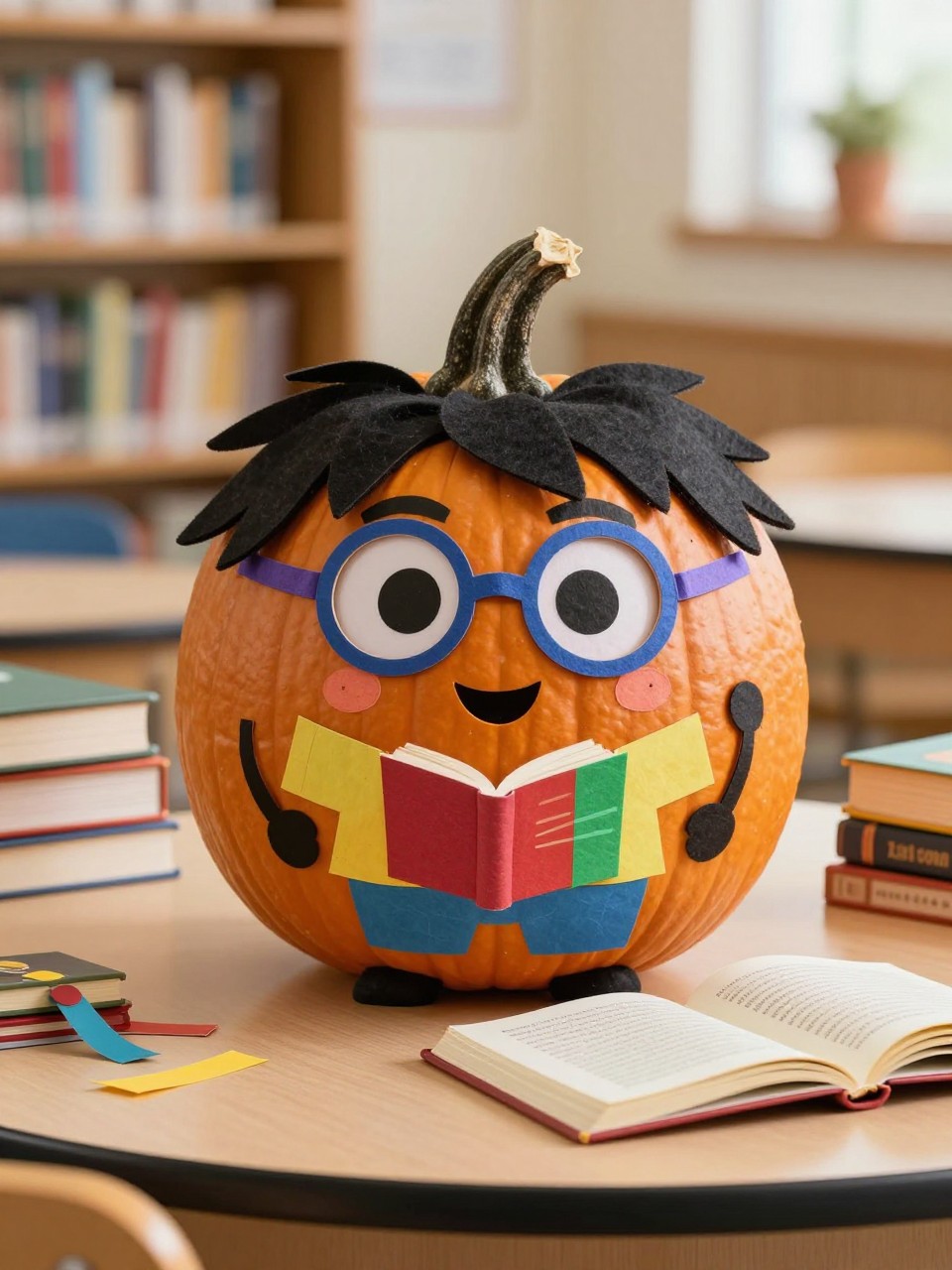 Image Prompt: A realistic DSLR photo of a medium pumpkin decorated as a cute storybook character, with paper glasses, felt hair, painted friendly face, tiny book prop, colorful paper outfit, and a small open book beside it, displayed on a school library table with stacked books, bookmarks, and soft reading corner light, creative no-carve school contest pumpkin.