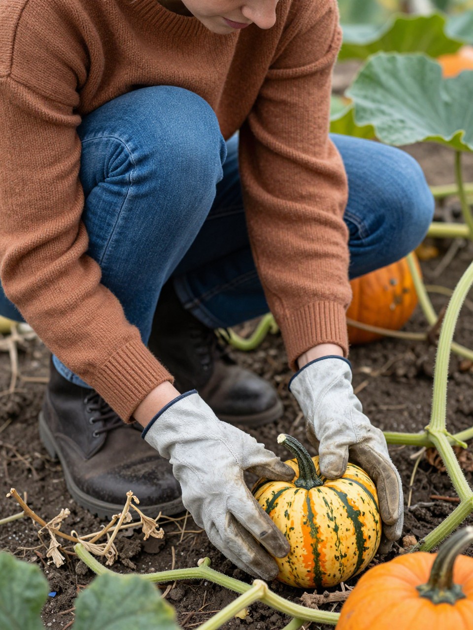 Image Prompt: A realistic close-up editorial series-style photograph of a young white woman crouching among pumpkin vines while examining a small striped pumpkin. She wears a cocoa-colored knit sweater, relaxed blue jeans, dark boots, and thin leather gardening gloves. The frame focuses on her hands, knees, sweater sleeves, and the pumpkin, with only the lower part of her face softly visible. Soil, vine leaves, dried stems, and imperfect pumpkins create rich texture around her. Diffused daylight, realistic hands, dirt under the pumpkin, visible knit fibers, shallow depth of field, intimate documentary-style fall photography.