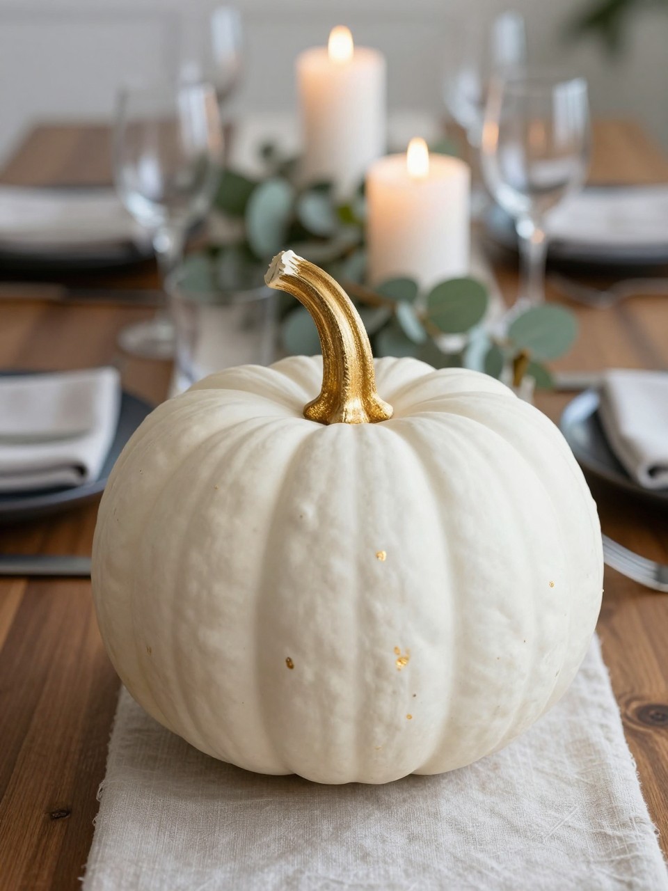 Image Prompt: A realistic DSLR close-up photo of a white pumpkin with a gold leaf stem and a few soft gold brushed accents along the ridges, displayed on a formal Thanksgiving dining table with dark plates, linen napkins, tapered candles, eucalyptus, and soft evening candlelight, classy refined holiday decor style.