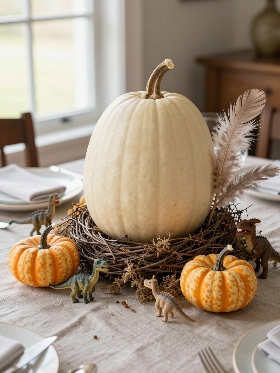 Image Prompt: A realistic DSLR photo of a cream pumpkin decorated as a dinosaur egg nest centerpiece, with small speckled mini pumpkins around it, dried moss, twigs, soft beige feathers, tiny neutral dinosaur figures, and a linen table runner, warm natural window light, elegant prehistoric fall tablescape style.