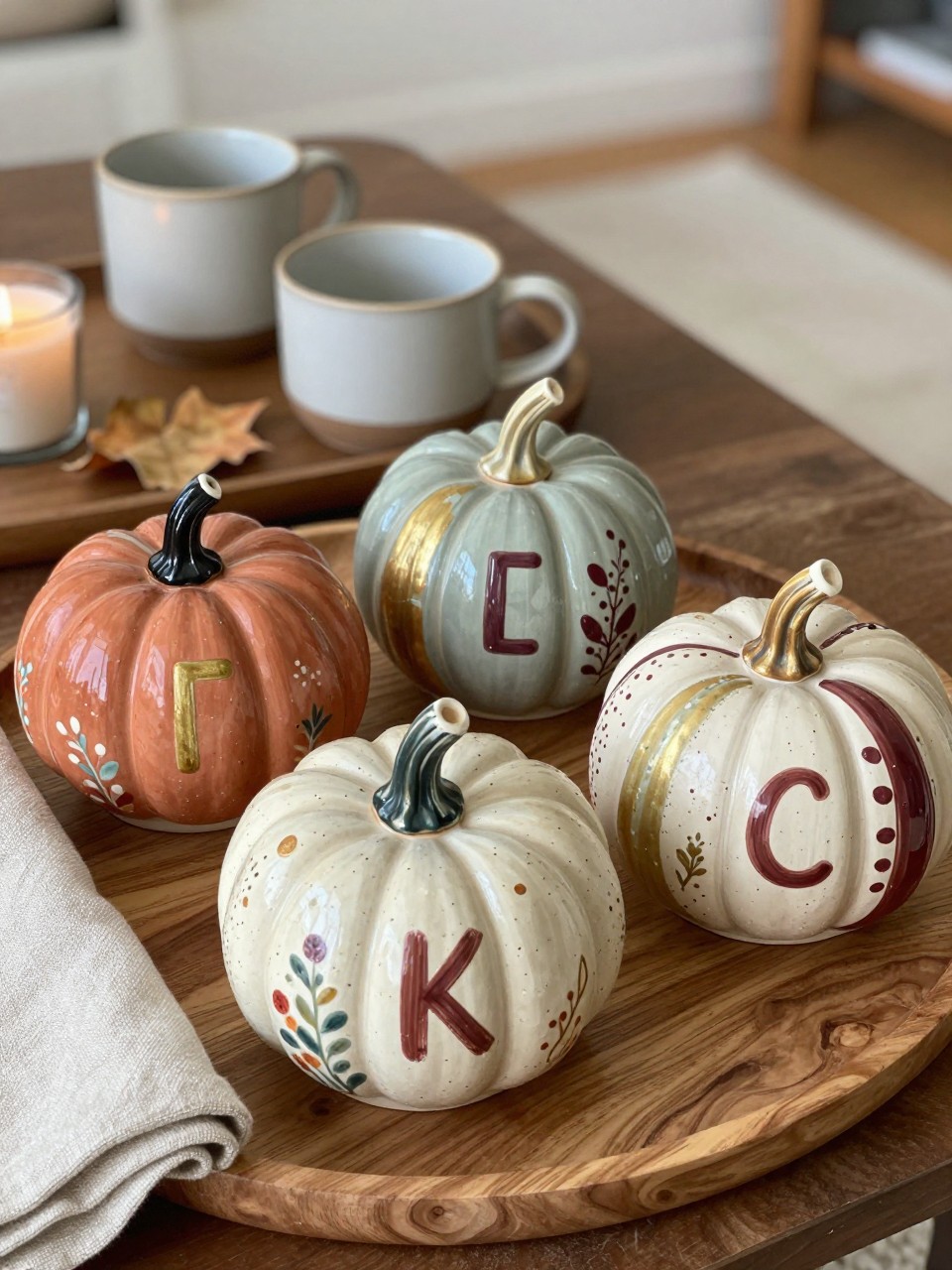 Horizontal 16:9 realistic iPhone photograph of a finished fall display featuring four small glazed ceramic pumpkins painted during a couple’s pottery date, designs including matching initials, abstract brushstrokes, tiny florals, and a speckled stoneware finish in cream, terracotta, sage, burgundy, and muted gold, arranged on a wooden tray with two ceramic mugs, a small candle, dried leaves, and a folded linen cloth on a coffee table, warm household lighting, authentic lived-in styling, visible handmade differences, no text.