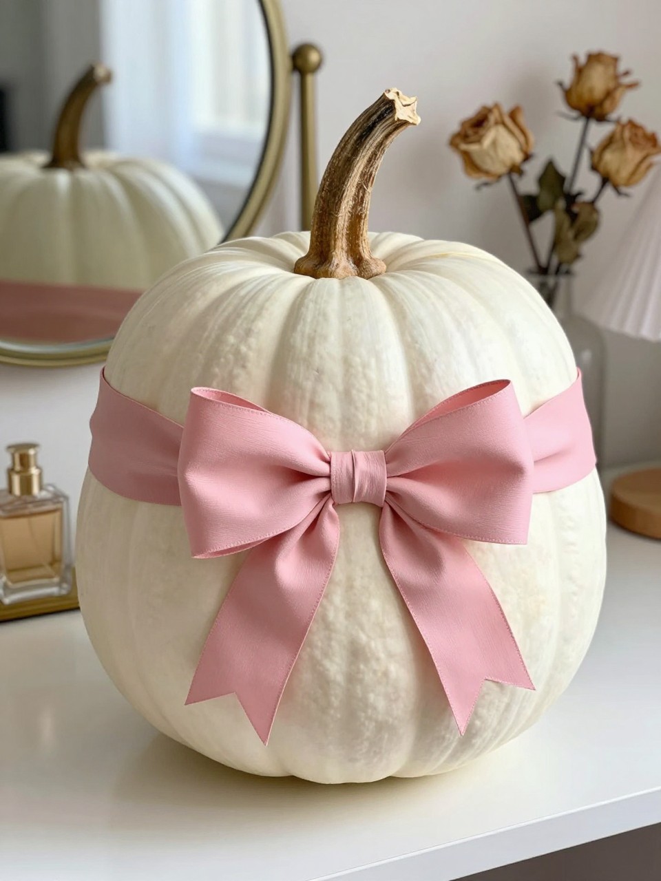 Horizontal 16:9 realistic iPhone photo of a warm-white real pumpkin painted with a wide dusty-pink ribbon wrapping around the middle and forming a large soft bow on the front, subtle darker pink shading along the painted folds, natural twisted stem, displayed on a vanity table beside a round mirror, perfume bottles, dried roses, and a small lamp, gentle afternoon daylight, believable hand-painted fabric effect, no actual ribbon attached, no text.
