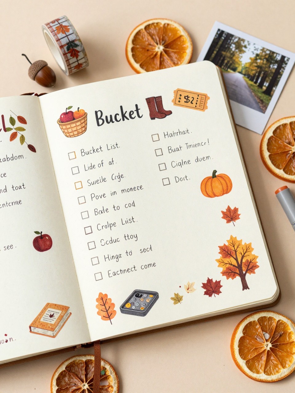 Image Prompt: A realistic DSLR flat-lay photograph of a creative fall bucket list journal spread, open dotted notebook filled with hand-drawn checkboxes, tiny illustrations of an apple basket, boots, movie ticket, pumpkin, book, baking tray, and autumn tree, warm-toned markers, washi tape in plaid and leaf patterns, small instant photograph of a tree-lined path, acorns and dried orange slices placed around the page, soft golden natural light, cream, terracotta, burgundy, olive, and brown palette, believable craft textures, neat but human layout, no clearly readable writing, no text overlay.