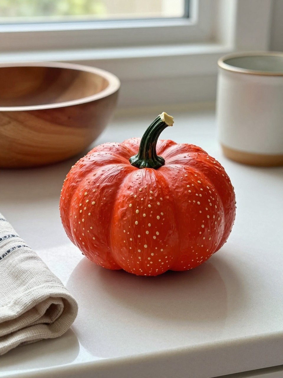 Horizontal 16:9 natural iPhone photograph of a small real pumpkin painted soft strawberry red with tiny warm-white seeds, simple dark-green leaves painted around the natural stem, displayed on a kitchen counter beside a wooden fruit bowl, folded linen towel, and ceramic mug, gentle morning window light, realistic handmade paint texture, recognizable but not toy-like, no text.