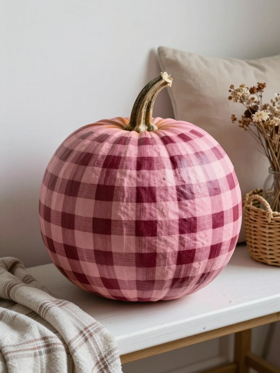 Horizontal 16:9 realistic iPhone photograph of a dusty-pink real pumpkin painted with a hand-drawn burgundy gingham pattern, translucent vertical and horizontal lines with darker overlapping squares, natural twisted stem, displayed on a bedroom bench beside a folded plaid blanket, neutral pillows, dried flowers, and a woven basket, soft cloudy daylight, slightly imperfect grid lines, cozy feminine fall interior, no text.
