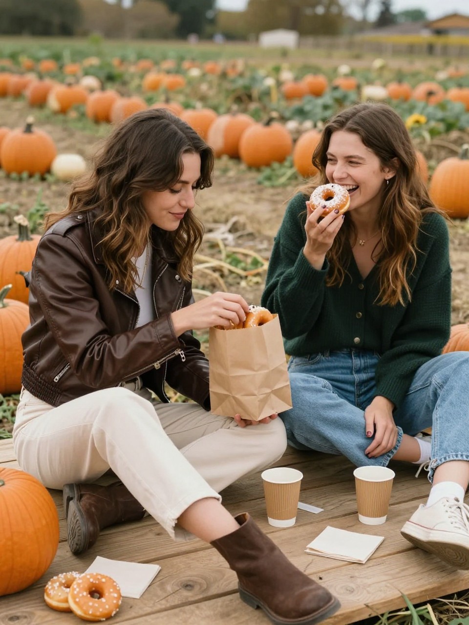 Image Prompt: A realistic lifestyle photograph of two female friends sitting on a low wooden platform beside a pumpkin field, sharing apple cider donuts from a small paper bag. One woman wears a chocolate leather jacket with cream trousers, while the other wears a dark green cardigan with relaxed denim. Pumpkins, paper cups, napkins, and a canvas tote sit casually around them. Capture one friend reaching into the bag while the other laughs with her face turned partly away. Direct but soft afternoon light, believable food texture, natural expressions, realistic body proportions, modern social-media photography.