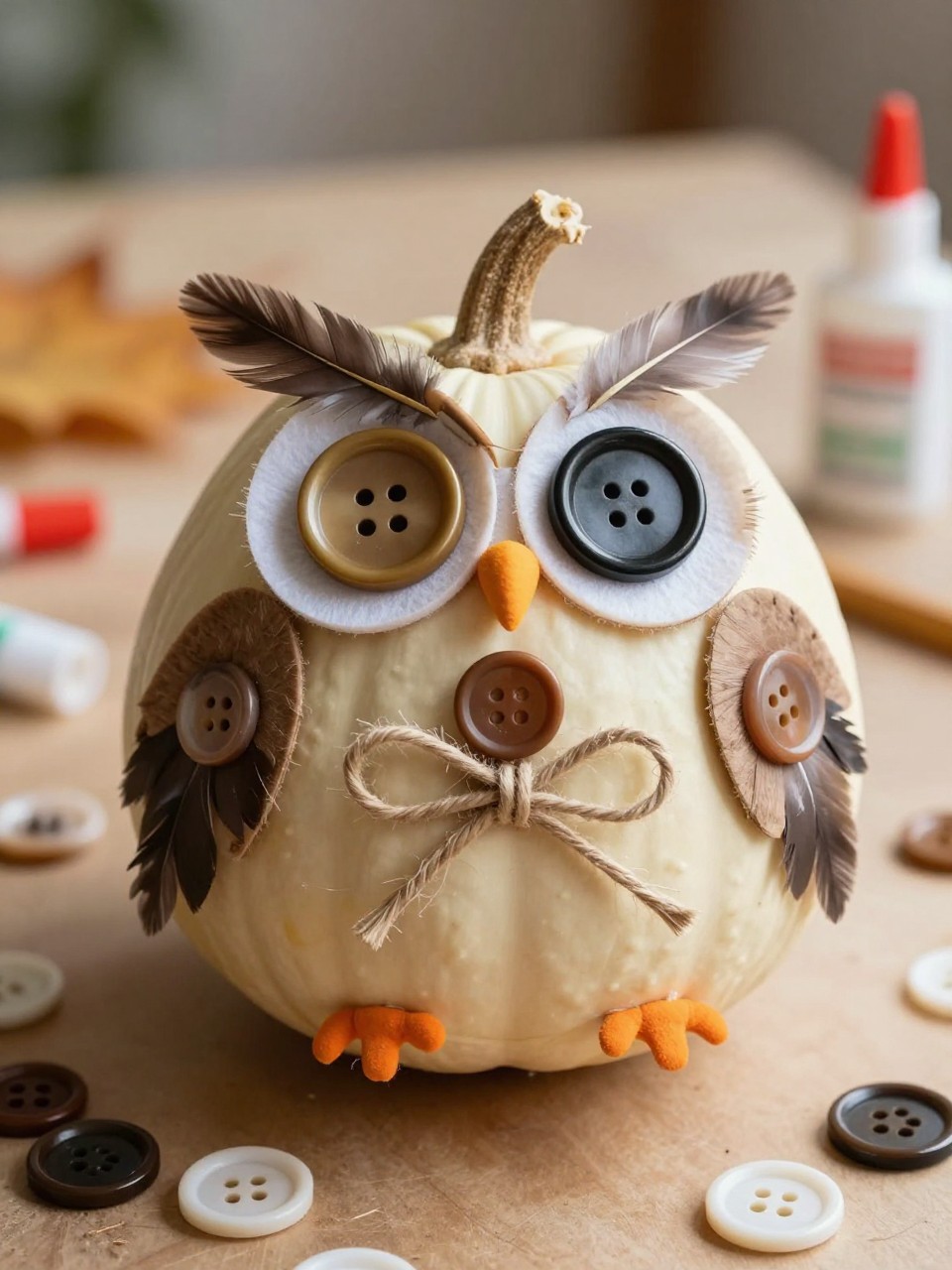 Image Prompt: A realistic DSLR close-up photo of a small cream pumpkin decorated as an owl with oversized button eyes made from layered buttons in brown, gold, white, and black, paper feather cutouts, felt wings, twine bow, and tiny orange beak, placed on a craft table with loose buttons, glue, and fabric scraps, warm natural fall light, charming handmade texture.