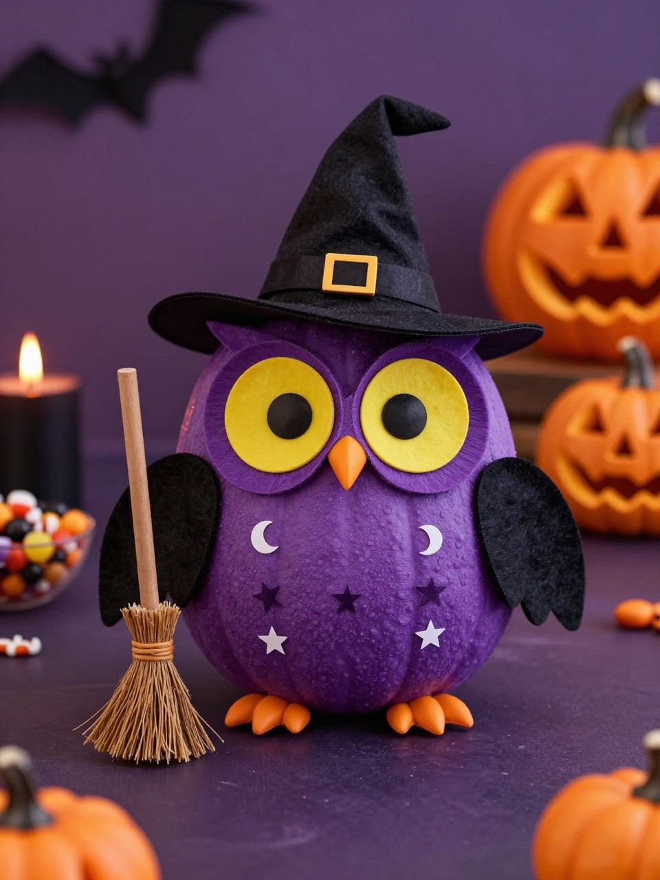 Image Prompt: A realistic DSLR photo of a purple pumpkin decorated as a cute witch owl, with big yellow eyes, black felt wings, small orange beak, tiny witch hat, moon and star stickers, striped paper legs, and a mini broom, styled on a Halloween table with black candles, candy bowl, and warm moody light, playful no-carve pumpkin decor.