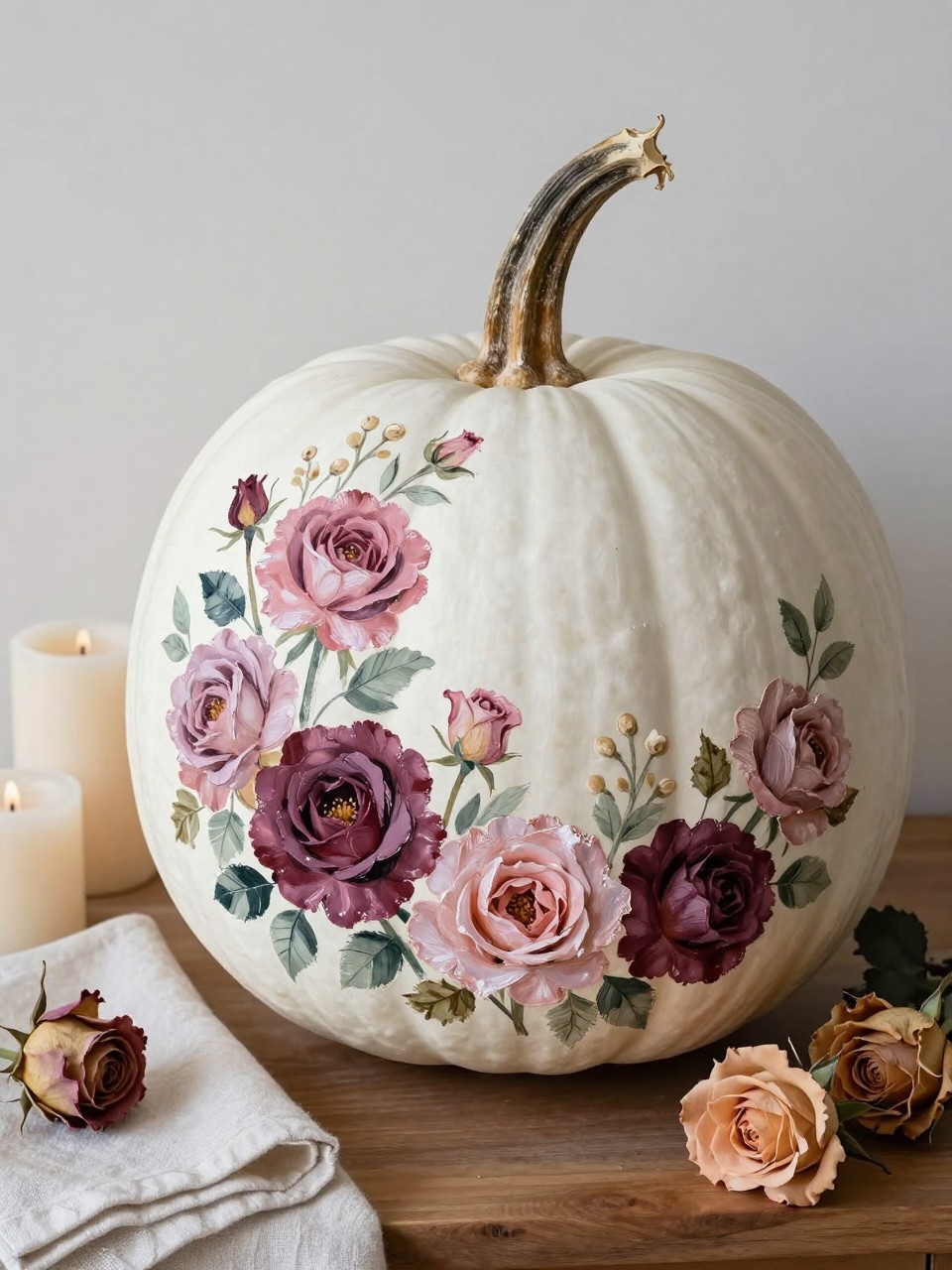 Horizontal 16:9 casual iPhone photograph of a warm-white real pumpkin painted with loose garden roses in dusty pink, mauve, burgundy, and faded peach, surrounded by muted sage leaves and tiny cream buds, flowers concentrated around one side and the lower half, natural twisted stem, displayed on a dining sideboard beside cream candles, folded linen, and dried roses, soft afternoon daylight, romantic handmade brushwork, no text.