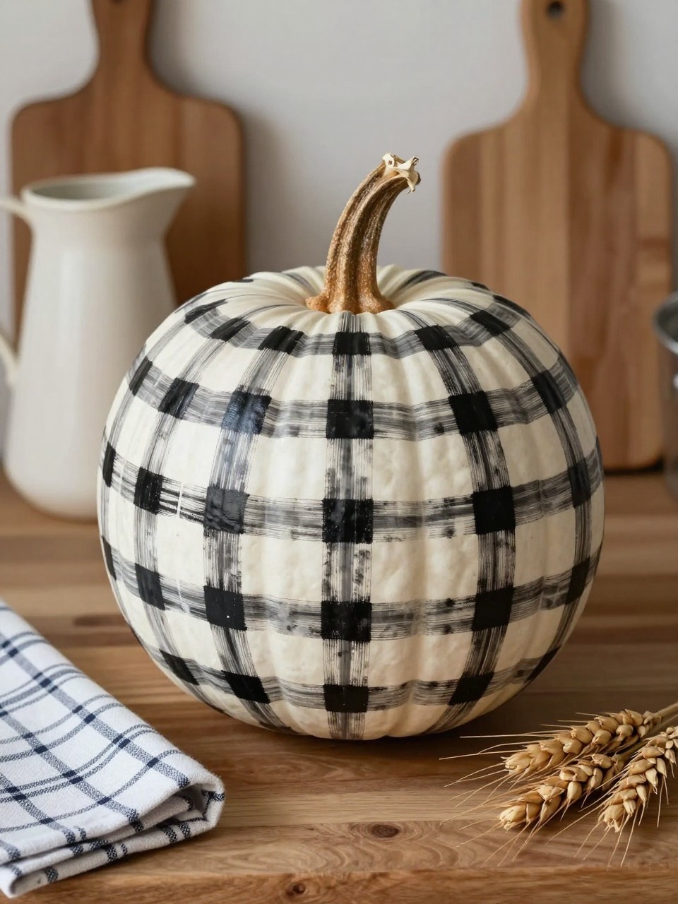 Horizontal 16:9 realistic iPhone photograph of a warm-white real pumpkin painted with a hand-drawn black gingham pattern, translucent vertical and horizontal gray-black lines with darker overlapping squares, natural brown stem, displayed on a farmhouse kitchen island beside a wooden cutting board, cream pitcher, folded checked cloth, and dried wheat, soft natural daylight, slightly imperfect grid lines, authentic home setting, no text.