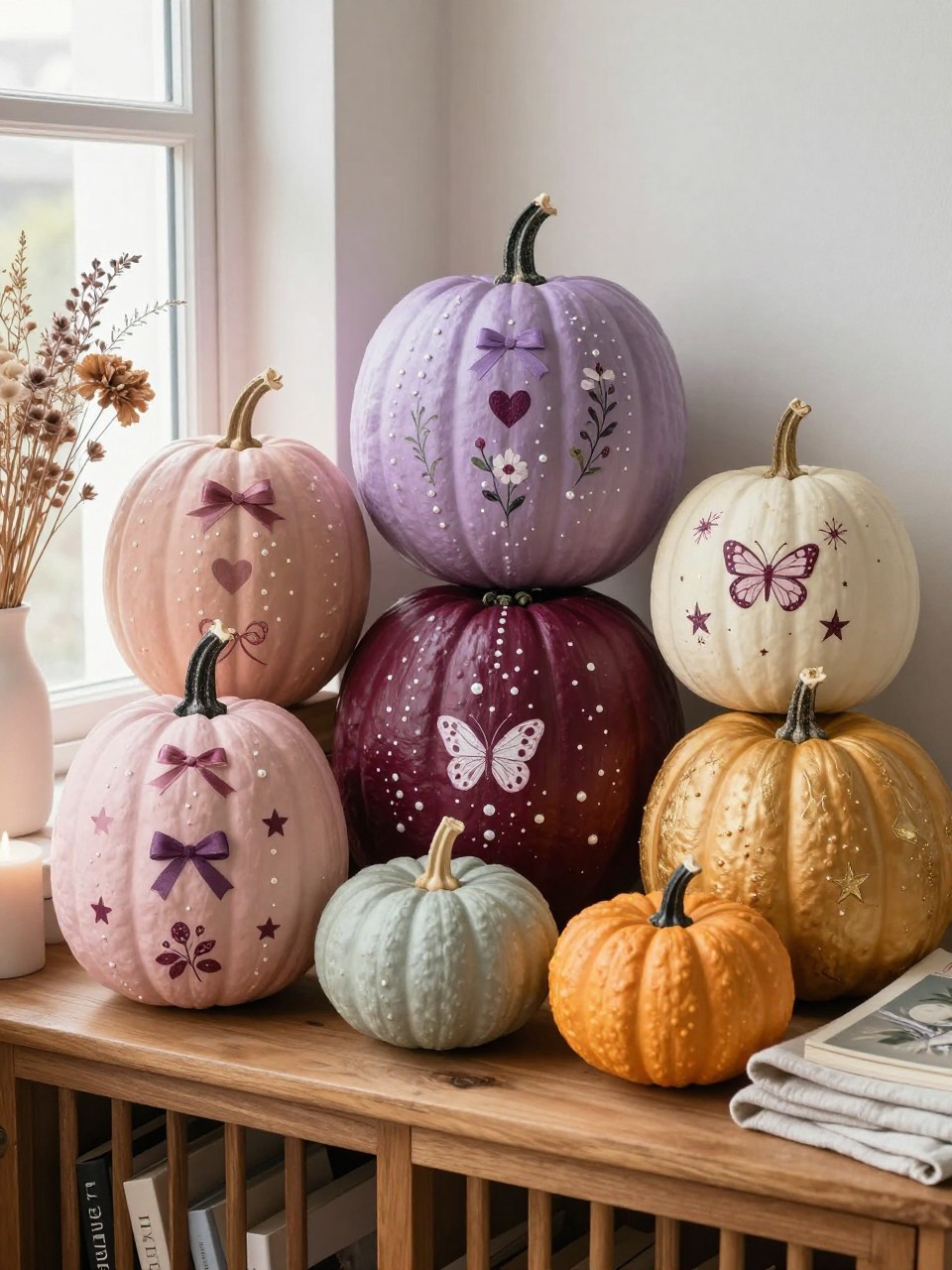 Horizontal 16:9 realistic iPhone photo of six real pumpkins in different sizes painted in a coordinated palette of blush pink, lavender, warm cream, burgundy, muted sage, and soft gold, each featuring one feminine design such as tiny bows, floral hearts, pearl dots, butterflies, gingham, or stars, arranged on a low wooden console with dried flowers, candles, books, and folded linen, soft afternoon window light, authentic lived-in styling, visible handmade differences, no text.
