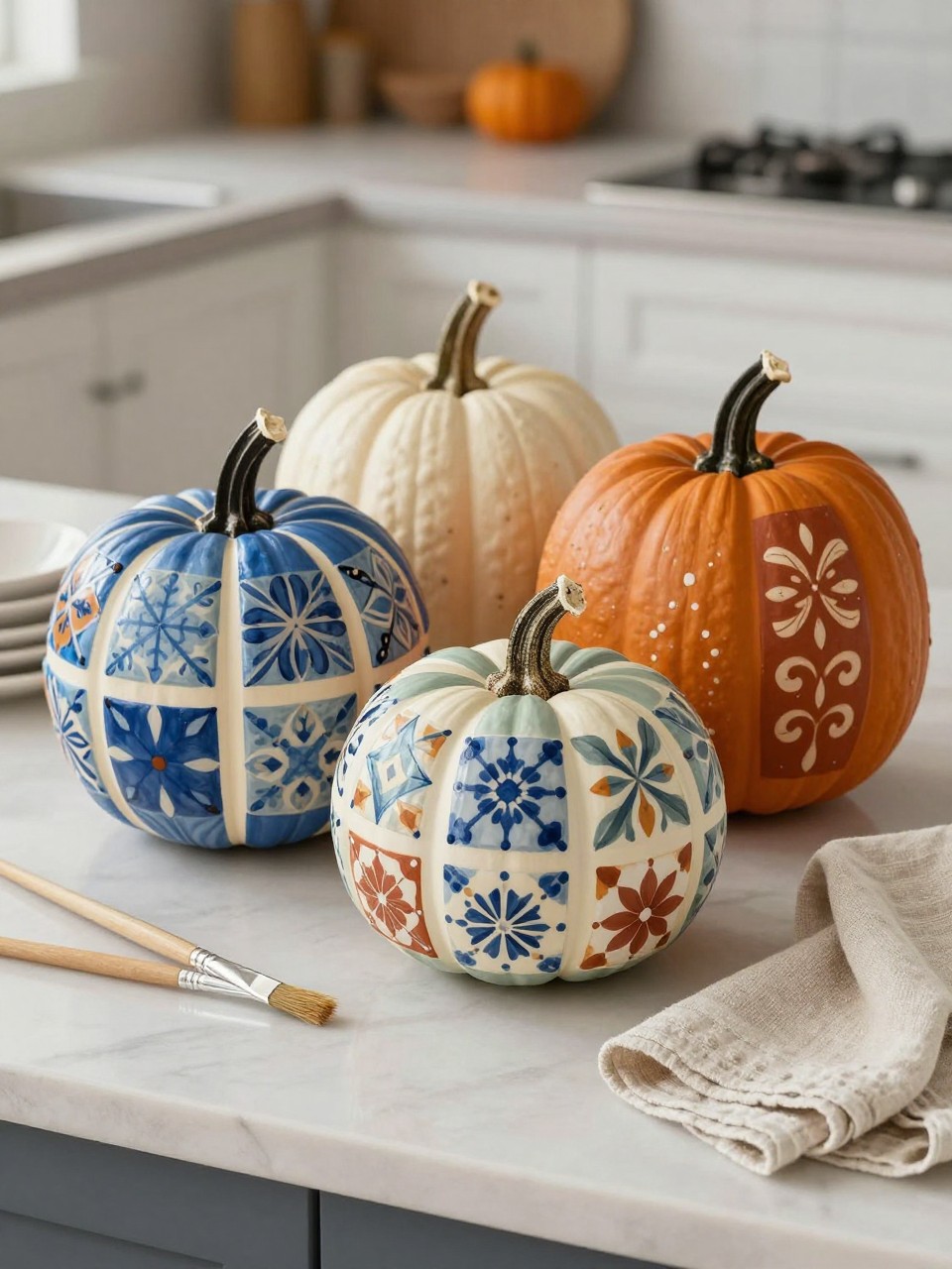 Image Prompt: A realistic DSLR photo of fake pumpkins painted with detailed tile-inspired patterns in blue, terracotta, cream, sage, and mustard, arranged on a kitchen island with paintbrushes, ceramic dishes, linen towels, and warm natural light, modern handmade fall craft styling with crisp pattern details.