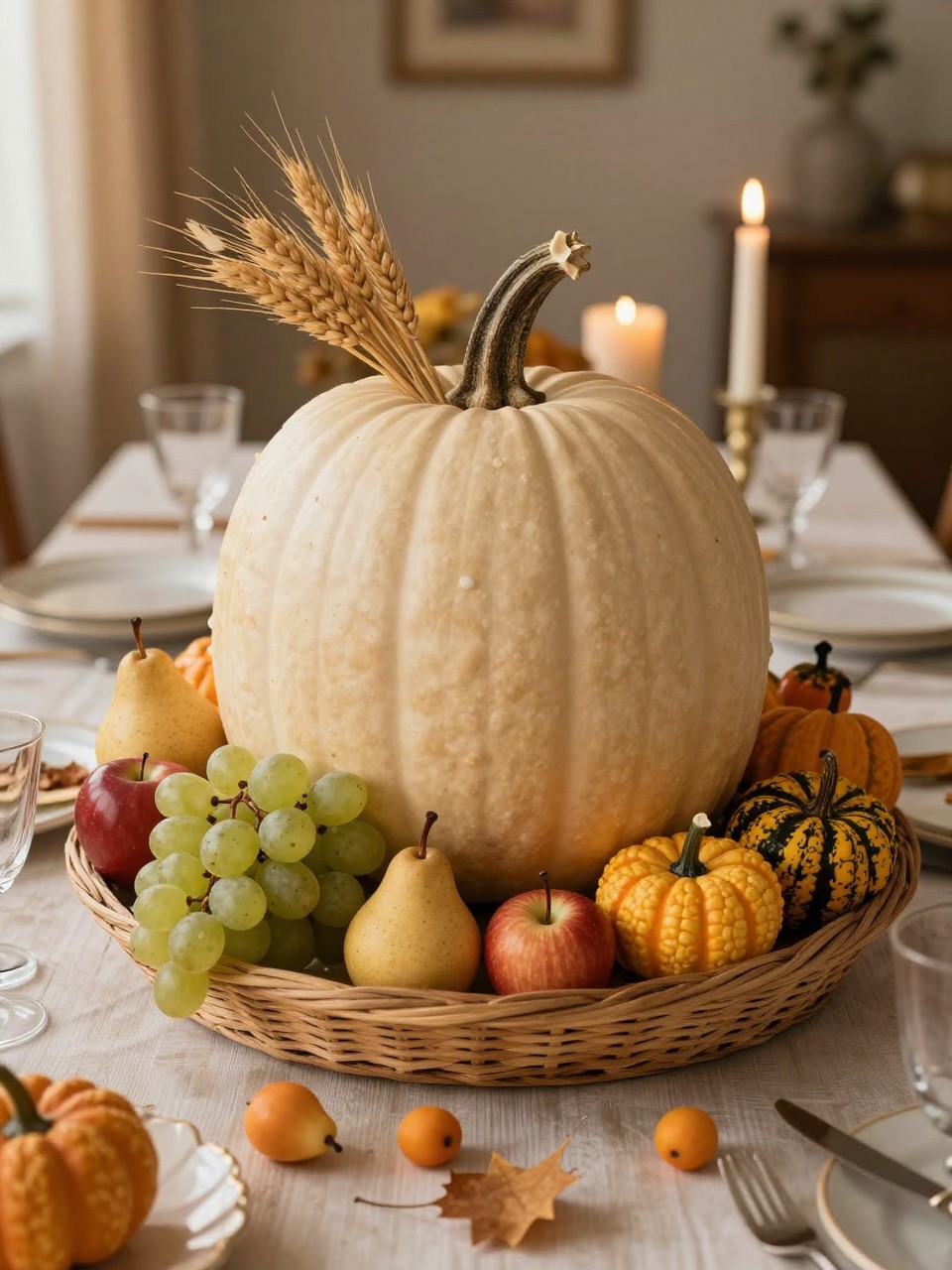 Image Prompt: A realistic DSLR photo of a large cream pumpkin decorated as part of a small harvest cornucopia scene, surrounded by faux grapes, mini apples, pears, dried wheat, small gourds, and a woven cornucopia basket, displayed on a Thanksgiving table with candlelight and a warm golden-hour glow, elegant seasonal decor styling.