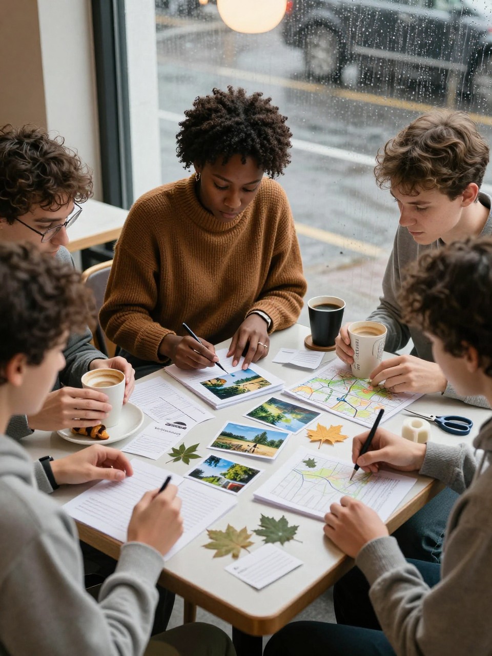 Image Prompt: Four friends seated around a café table beside a large rain-speckled window, assembling a handmade friendship field guide filled with printed photographs, small maps, café receipts, pressed leaves and blank recommendation cards, a Black woman with short natural curls gluing a photograph onto one page while another friend marks a map, hot drinks, pastries, scissors and tape arranged naturally, cozy knitwear, soft gray daylight mixed with warm café lamps, detailed paper textures, editorial DSLR photography, no readable business names, no text overlay.
