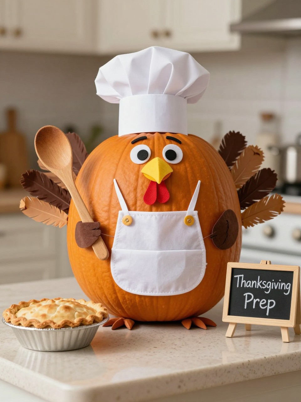 Image Prompt: A realistic DSLR photo of a pumpkin decorated as a funny turkey chef, with a small paper chef hat, tiny apron, felt beak, red wattle, paper feather tail, wooden spoon prop, mini pie dish, and a chalkboard sign that says “Thanksgiving Prep,” displayed on a kitchen counter with warm natural light, humorous holiday pumpkin contest idea.