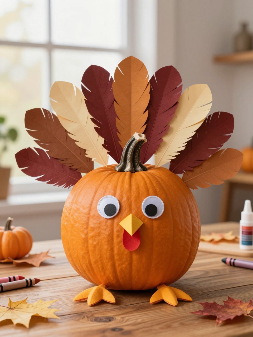 Image Prompt: A realistic DSLR photo of a medium orange pumpkin decorated as a cute Thanksgiving turkey, with layered paper feathers in rust, mustard, burgundy, cream, and brown fanned out behind it, a small felt beak, red paper wattle, googly eyes, and tiny paper feet, displayed on a wooden table with fall leaves, crayons, glue sticks, and warm natural window light, cheerful no-carve pumpkin craft.
