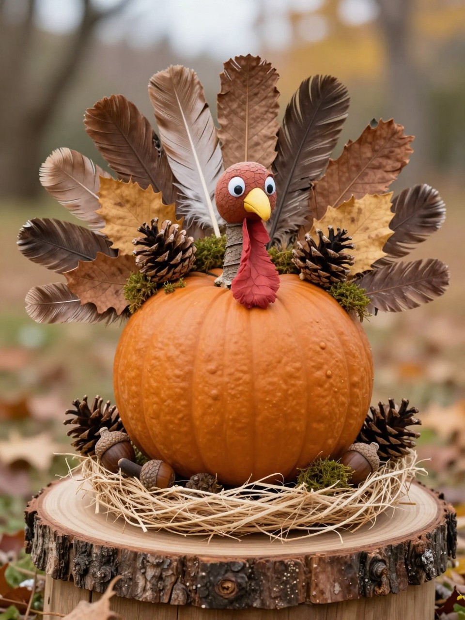 Image Prompt: A realistic DSLR photo of a brown pumpkin decorated as a woodland turkey, with feathers made from bark-textured paper, dried leaves, pinecone scales, moss, small twigs, acorns, and a natural raffia nest base, displayed on a rustic wood slice with soft outdoor fall light, earthy Thanksgiving craft styling.