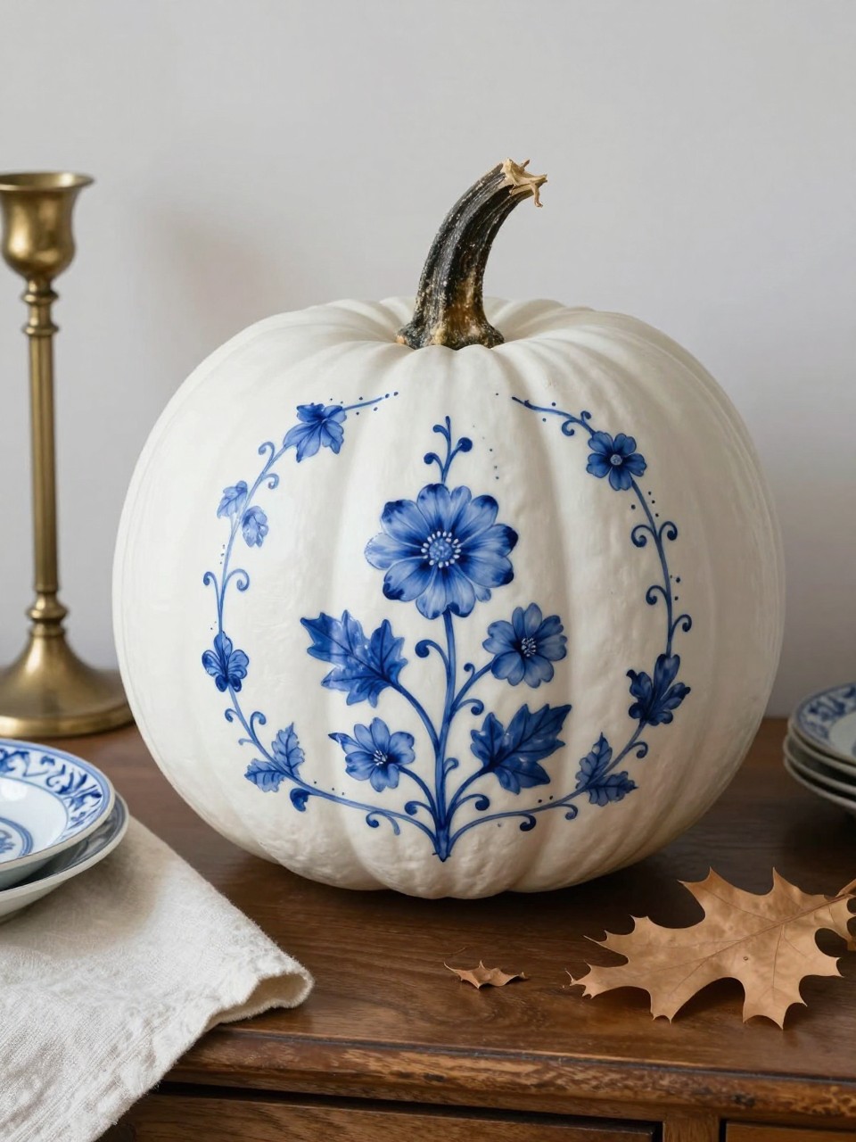 Horizontal 16:9 natural iPhone photograph of a smooth real white pumpkin decorated with delicate cobalt-blue flowers, curling vines, leaves, and tiny dotted borders inspired by antique porcelain, natural dark-brown stem, displayed on a dining room sideboard beside blue-and-white dishes, brass candle holders, folded cream linen, and dried oak leaves, soft natural daylight, visible hand-painted brushwork, elegant realistic home setting, no text.