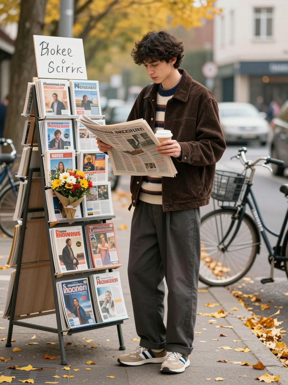 Image Prompt: A realistic urban lifestyle image of a young man standing beside a small newspaper and magazine stand on a crisp fall morning. He wears a dark brown corduroy jacket layered over a striped sweater, relaxed charcoal trousers, and vintage-style trainers. He holds a folded weekend newspaper and a takeaway coffee while glancing at the front pages. The stand displays magazines, postcards, small flower bunches, and handwritten signs. Yellow leaves line the curb, bicycles are parked nearby, soft morning sunlight, realistic printed materials without prominent readable brand names, natural candid posture.