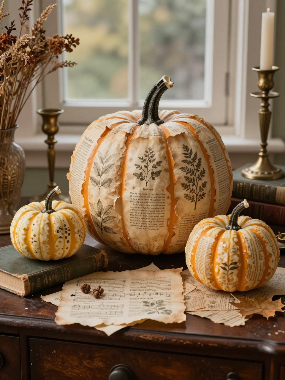 Image Prompt: A realistic DSLR photo of fake pumpkins covered with vintage book pages, botanical prints, sheet music, and soft tea-stained paper, arranged on an antique desk with old books, brass candlesticks, dried flowers, and warm moody window light, nostalgic fall craft photography.