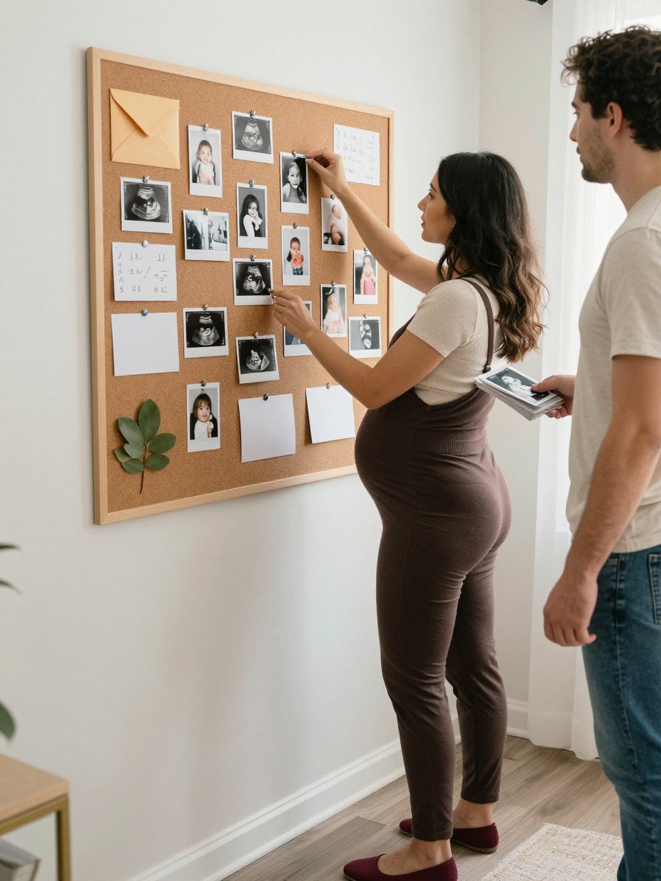 Image Prompt: A realistic lifestyle photograph of a pregnant Latina woman standing beside a small home memory wall covered with instant-style photographs from different stages of her pregnancy. She wears a fitted dark brown maternity jumpsuit layered over a cream ribbed top, with low burgundy flats. She pins one new photograph onto a wide corkboard using a large safe clip while her partner stands beside her holding a small stack of prints. The wall includes ultrasound images in simple envelopes, handwritten dates, pressed leaves, and blank spaces reserved for future baby photographs. Soft side-window light, natural olive skin tone, realistic paper details, visible fabric texture, candid expressions, modern pregnancy storytelling.