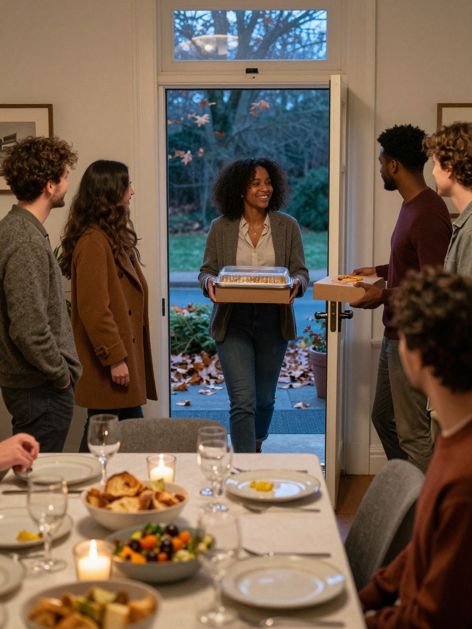 Image Prompt: A group of friends arriving at the second stop of a progressive fall dinner, one Black woman opening the door of a warmly lit apartment while guests carry a covered casserole dish and small bakery box, wool coats hanging near the entrance, a dining table visible with bowls of roasted vegetables, bread and candles inside glass holders, fallen leaves outside the doorway, relaxed evening clothing, genuine greetings and laughter, balanced warm indoor light and cool blue outdoor light, editorial DSLR lifestyle photography, 35mm lens, no readable labels, no text.