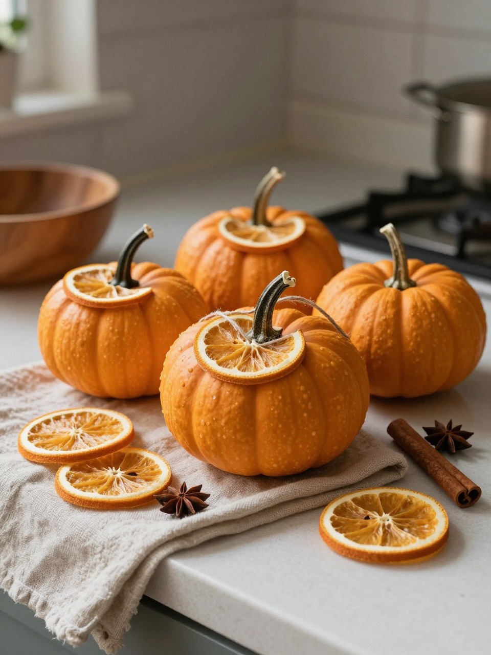 Image Prompt: A realistic DSLR photo of small pumpkins decorated with dried orange slices, cinnamon sticks, star anise, and thin twine tied around the stems, placed on a kitchen counter with a linen towel, wooden bowl, and warm autumn sunlight, cozy natural fall decor photography.