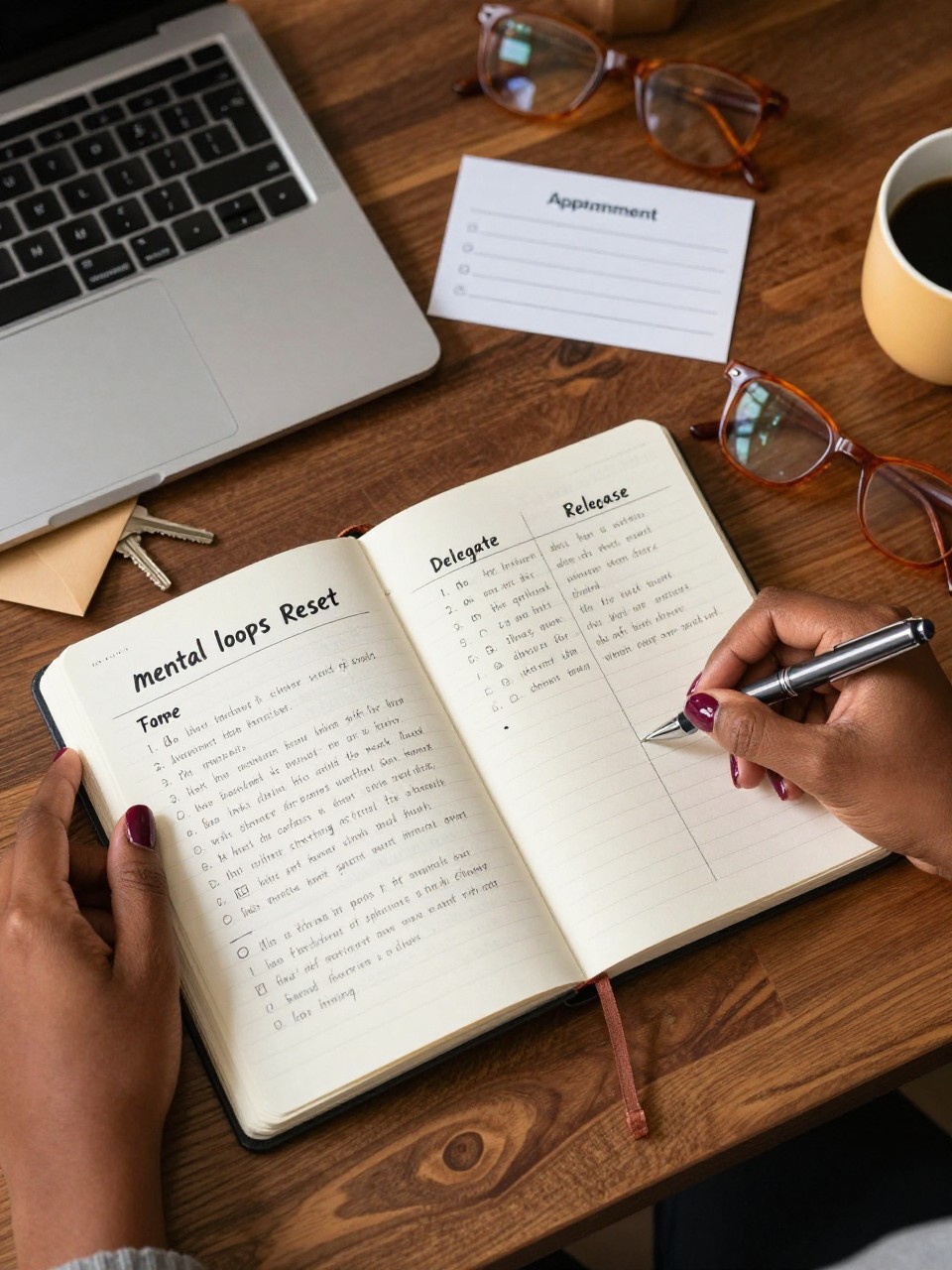 Image Prompt: A polished overhead DSLR photograph of a fall “mental loops” reset on a walnut desk, open notebook containing a long but unreadable brain-dump list being sorted into four neat columns represented by simple symbols for do, schedule, delegate, and release, Black woman’s hands holding a pen with a short glossy berry manicure, closed laptop, appointment card, envelope, keys, warm coffee, and rust-colored reading glasses arranged around the page, soft golden afternoon light, realistic paper and wood textures, organized editorial productivity photography, 50mm lens, no readable information, no text overlay.