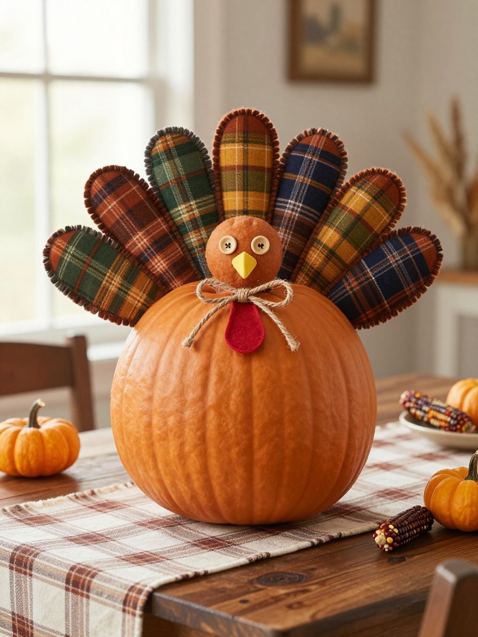 Image Prompt: A realistic DSLR photo of a tan pumpkin decorated as a cozy turkey, with plaid fabric feathers in rust, green, mustard, navy, and brown, felt wings, a tiny beak, red wattle, button eyes, and a twine bow, placed on a farmhouse table with a plaid runner, mini pumpkins, dried corn, and warm window light, cozy handmade fall decor style.